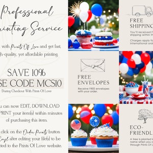 Peut inclure: Un collage d'images faisant la promotion d'un service d'impression professionnel appel&eacute; "Prints Of Love". Le collage pr&eacute;sente des images de cupcakes, de ballons et d'un camion, tous d&eacute;cor&eacute;s en rouge, blanc et bleu. Le texte "SAVE 10% USE CODE MCS10" est affich&eacute; en gras, ainsi que le texte "FREE SHIPPING" et "FREE ENVELOPES". Le texte "ECO-FRIENDLY" est &eacute;galement affich&eacute;, ainsi qu'une petite image d'un arbre.
