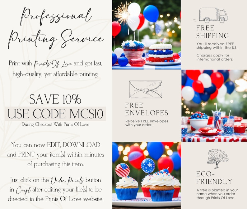 Peut inclure: Un collage d'images faisant la promotion d'un service d'impression professionnel appel&eacute; "Prints Of Love". Le collage pr&eacute;sente des images de cupcakes, de ballons et d'un camion, tous d&eacute;cor&eacute;s en rouge, blanc et bleu. Le texte "SAVE 10% USE CODE MCS10" est affich&eacute; en gras, ainsi que le texte "FREE SHIPPING" et "FREE ENVELOPES". Le texte "ECO-FRIENDLY" est &eacute;galement affich&eacute;, ainsi qu'une petite image d'un arbre.