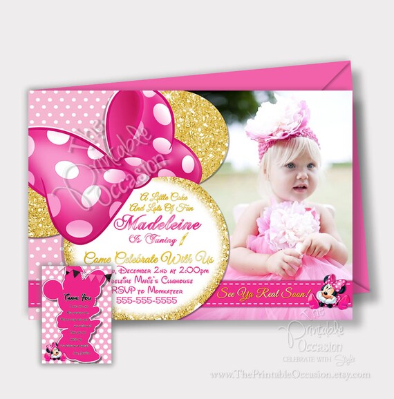 SAME DAY SVC Pink Minnie Mouse Invitation, Pink and Gold Glitter Minnie Mouse Invitation, Printable Photo Invitation, Minnie Mouse Party Il_570xn