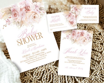 Pampas Grass Baby Shower Invitation Set Bohemian Baby Shower Invitation Bundle Boho Shower Invitation Suite Baby Shower Instant Downlod PGB1