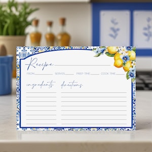 Italian Blue Tile Lemon Bridal Shower Recipe Card Template Mediterranean Kitchen Recipe Card Positano Amalfi Coast Printable Recipe Card MT2