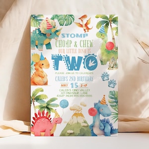 Editable Dinosaur Birthday Invitation Two Year Old Boy Dino Party Invite Stomp Chomp Chew Dinosaur Second Birthday Canva D2