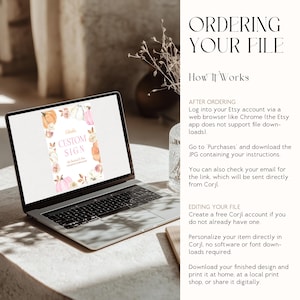 May include: A laptop displays a customizable sign design with pumpkins and floral elements. The screen shows the text "Custom Sign" and instructions for ordering and editing the file. The laptop is on a light-colored surface.