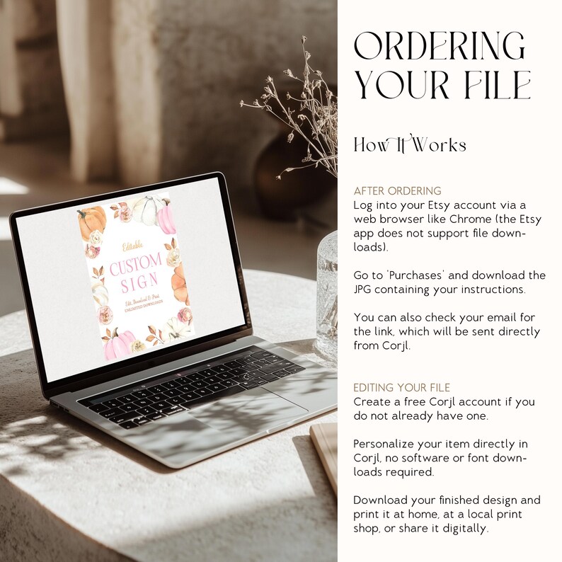 May include: A laptop displays a customizable sign design with pumpkins and floral elements. The screen shows the text "Custom Sign" and instructions for ordering and editing the file. The laptop is on a light-colored surface.
