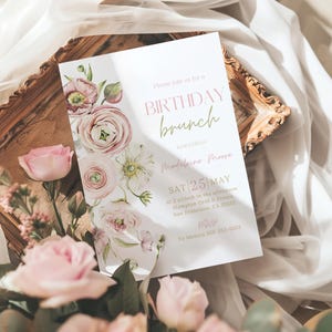 Editable Floral Birthday Brunch Invitation Spring Adult Birthday Invite Muted Blush Green Watercolor Flowers Printable Template EF1