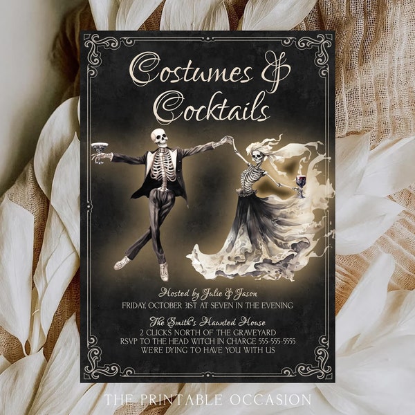 Gothic Halloween Costumes and Cocktails Halloween Invitation Dancing Skeletons Halloween Invitation Antique Vintage Halloween Invite S1