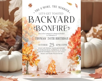 May include: A white invitation card with text for a backyard bonfire birthday party. The card features a watercolor illustration of a bonfire, trees with orange leaves, and pumpkins. The text includes the event details.