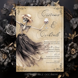 Halloween Costumes and Cocktails Invitation Gothic Adult Halloween Party Halloween Skeleton Invite Adult Halloween Costume Party Invite S1