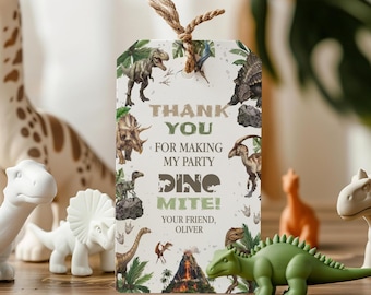 May include: Thank you for making my party dino-mite! A white card with green dinosaur illustrations and the text "Thank you for making my party dino-mite! Your friend, Oliver".