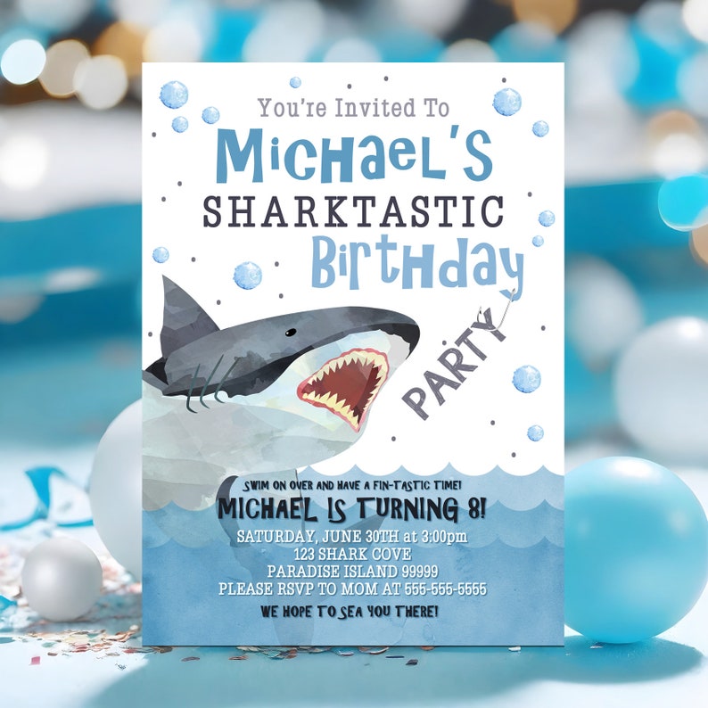 Shark Birthday Invitation Shark Invitations Shark Invites Pool Party Shark Invite Swim Party Shark Birthday Party Corjl Instant Download SHK imagen 3
