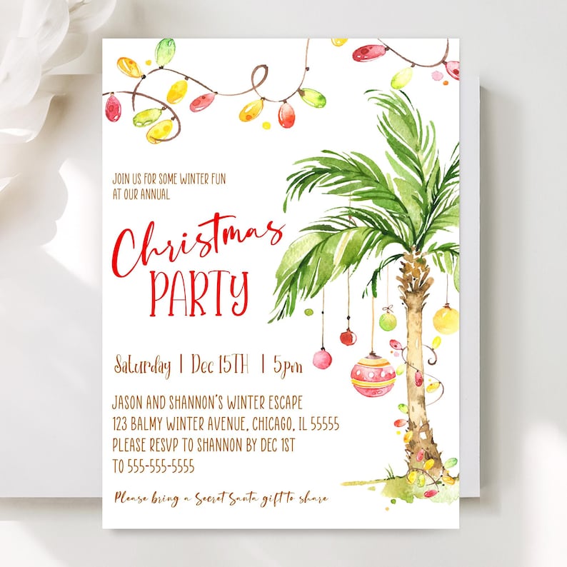 Editable Palm Tree Christmas Invitation Printable Christmas In July Invitation Tropical Christmas Party Invite Palm Tree Holiday Invite