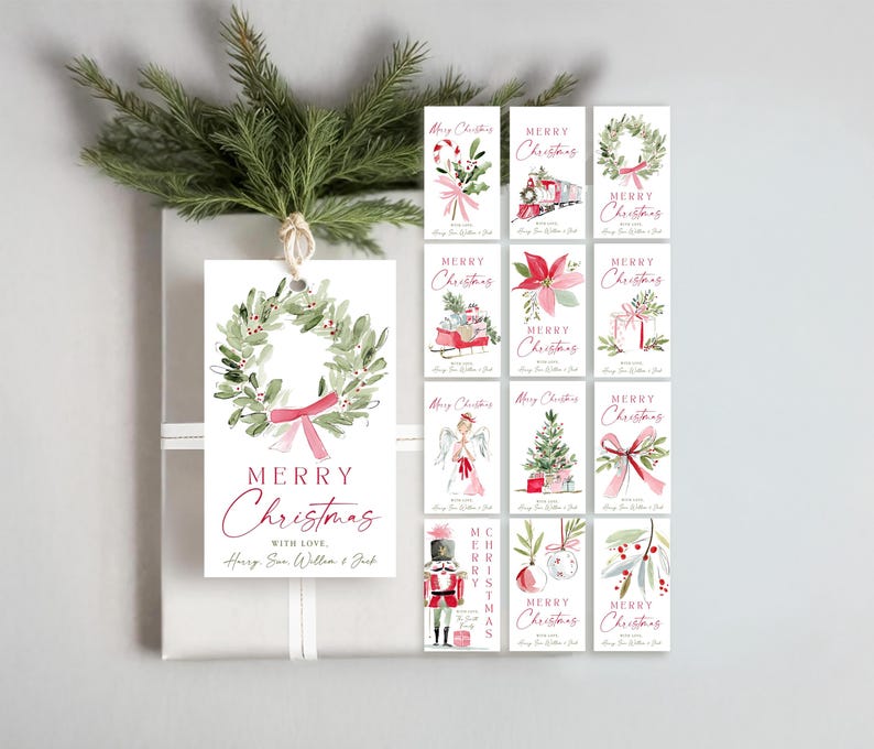 May include: A collection of rectangular Christmas gift tags featuring watercolor illustrations of holiday motifs including wreaths, a train, a poinsettia, a sleigh, an angel, a tree, a nutcracker, and ornaments, with the text Merry Christmas.