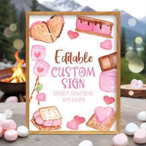 Girl Custom Smores Sign Template Printable Pink Smores Birthday Party Sign Custom Smores Table Sign Station Bar Printable Sign Corjl SM1