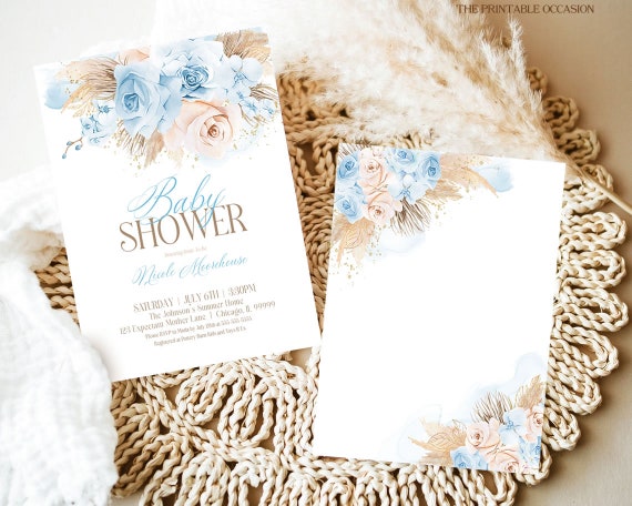 EDITABLE Boys Pampas Grass Baby Shower Invitation Bohemian Baby Shower Invite Tropical Desert Floral Blue Boho Digital Instant Download PGB5 Il_570xn