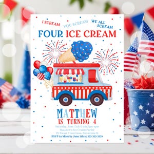 Editable Patriotic Ice Cream Truck Birthday Invitation 4th of July Red White and Blue Summer Party Printable Invite for Kids Turning Four PQ