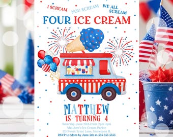 Editable Patriotic Ice Cream Truck Birthday Invitation 4th of July Red White and Blue Summer Party Printable Invite for Kids Turning Four PQ