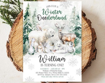 Arctic Animals Winter ONEderland Birthday Invitation Winter ONEderland First Birthday Invite  Woodland Forest Trees Birthday Boy W4