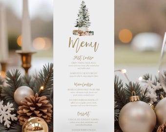 May include: A vertical menu card with a Christmas tree illustration at the top, featuring the word "Menu" in gold script. The menu lists courses like Crispy Peking Duck Roll and Chocolate Fondant Pudding. Festive decorations surround the card.