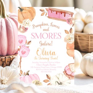 Editable Pumpkin and Smores Birthday Invitation Printable Girl Fall Birthday Invite Pink Pumpkin Birthday Party Canva Template Printable PM1