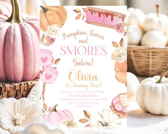 Invitación de cumpleaños editable de calabaza y s'mores para imprimir. Invitación de cumpleaños de otoño para niña. Plantilla de Canva para fiesta de cumpleaños de calabaza rosa. PM1