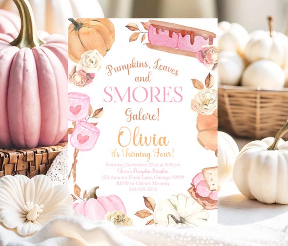Editable Pumpkin and Smores Birthday Invitation Printable Girl Fall Birthday Invite Pink Pumpkin Birthday Party Canva Template Printable PM1
