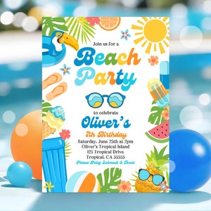 EDITABLE Beach Birthday Party Invitation Tropical Splish Splash Boy&#39;s Beach Party Invite Boys Summer Party At The Beach Instant Download P8