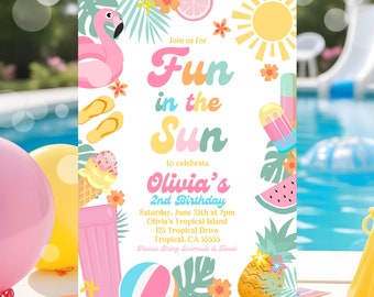 EDITABLE Fun In The Sun Birthday Party Invitation Tropical Summer Splish Splash Girly Pool Birthday Party Instant Download P4