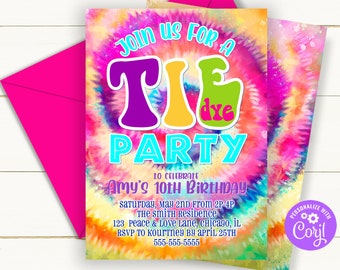 EDITABLE Tie Dye Birthday Party Invitation Hippie Birthday Party Invite Peace Love Party Tie Dye Tween Birthday Party Instant Download