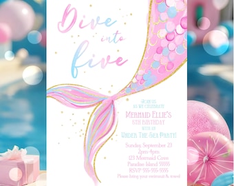 Editable Mermaid Dive Into Five 5th Birthday Invitation Purple Blue Gold Whimsical Mermaid Under The Sea 5th Birthday Instant Download MP1