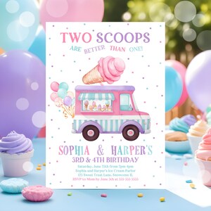 Editable Ice Cream Truck Twin Birthday Invitation Twin Ice Cream Birthday Invitation Two Scoops Are Better Than One Twin Instant Downloa C3C