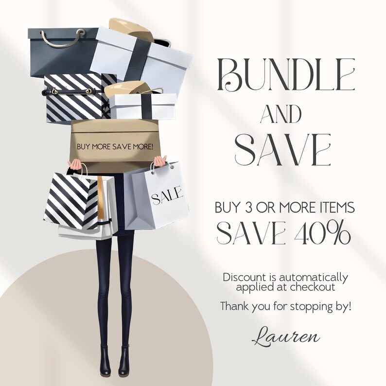 May include: Illustration of a person holding a stack of shopping bags and boxes. The bags and boxes are in various colors and patterns, including black and white stripes. Text on the image reads "BUNDLE AND SAVE" and "BUY MORE SAVE MORE!"