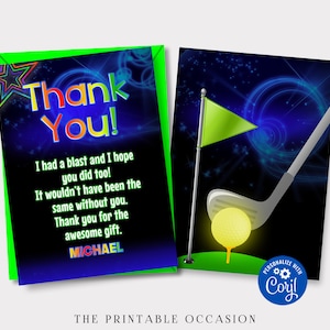 EDITABLE Glow Golf Thank You Card, Glow Golf Birthday Party, Golf Thank You Card, Instant Download Glow Party, Neon Birthday, Glow Golf