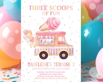 Editable Ice Cream Truck Three Scoops Of Fun 3rd Birthday Party Invitation Ice Cream 3rd Birthday Three Scoops Of Fun Instant Download C3A