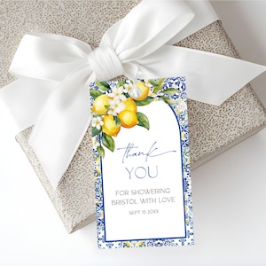 Blue Tiles Lemon Bridal Shower Favor Tags Italian Positano Bridal Shower Favors, Mediterranean Amalfi Coast Thank You Favor Tag Template MT1