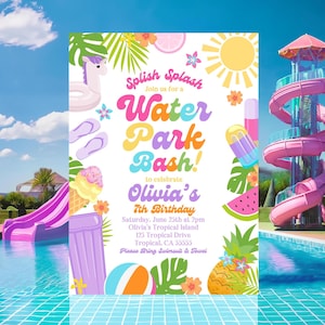 Bearbeitbare Wasserpark Geburtstagseinladung Tropische Wasserrutsche einladen Splish Splash Girls Pool Party einladen Sommer Splash Pad Party Canva P7
