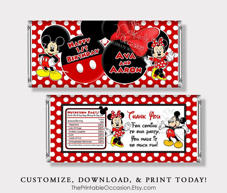 EDITABLE Mickey and Minnie Mouse Candy Bar Wrapper for Twins | Etsy