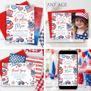 4th of July Birthday Invitation Bundle Editable Little Firecracker 4th of July Invitation Template Patriotic Kids Birthday Party Decor P2 image 3