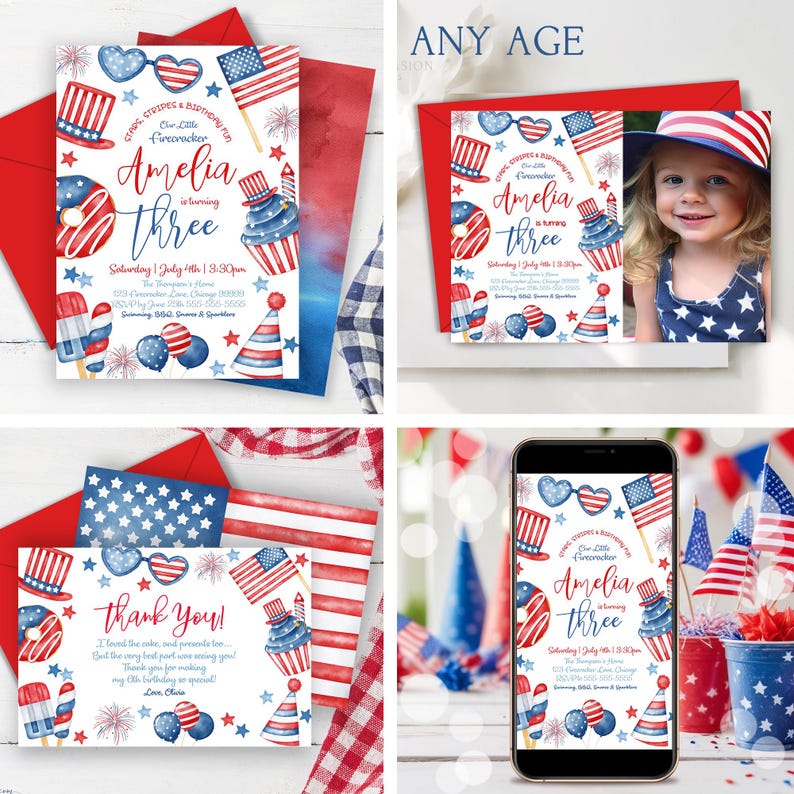 4th of July Birthday Invitation Bundle Editable Little Firecracker 4th of July Invitation Template Patriotic Kids Birthday Party Decor P2 image 3