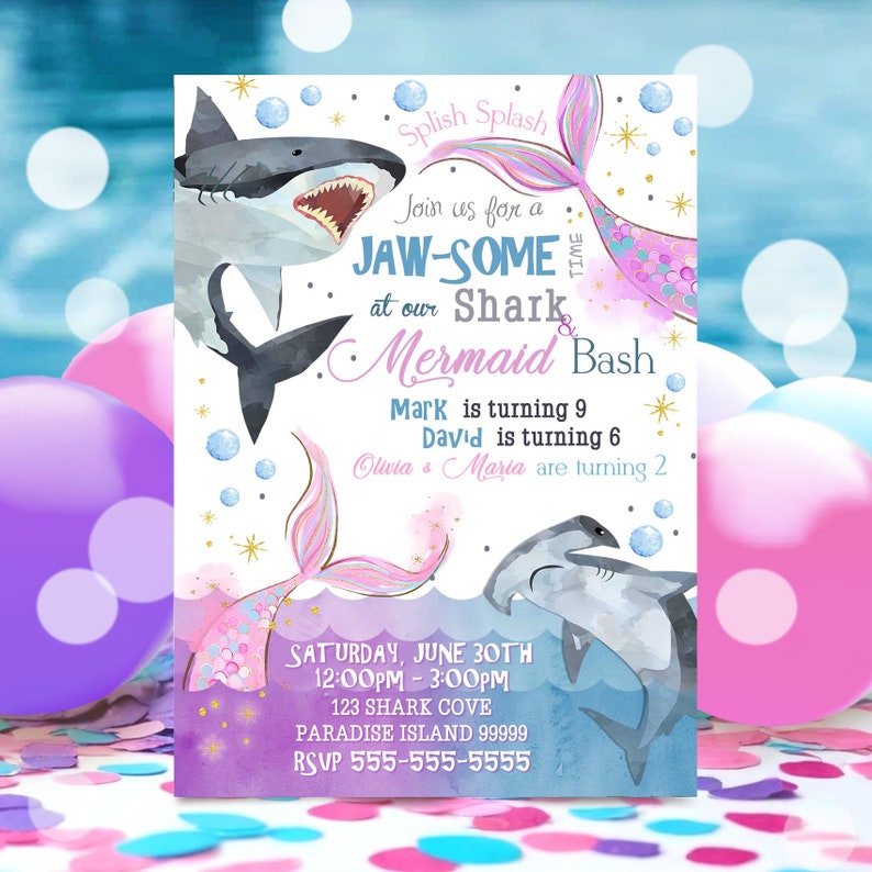 EDITABLE Sharks and Mermaids Invitation, Sharks and Mermaids Birthday, Brother Sister Sibling Invite, Under the Sea Instant Download
