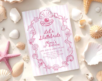 Editable Pink Seashell Birthday Invitation Teen Girl Beach Party Invite Coastal Coquette Shell Theme Ocean Summer Birthday Invite Canva SS3