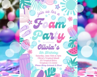 EDITABLE Foam Birthday Party Invitation Tropical Pool Foam Girly Pool Party Invite Summer Splash Pad Party Instant Download P6