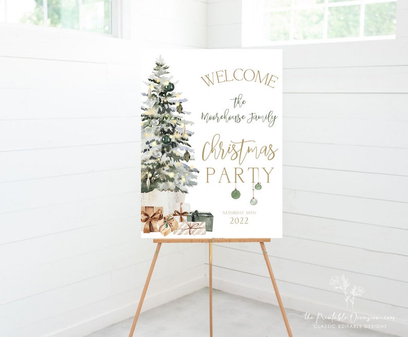 Christmas Party Welcome Sign, Editable Christmas Tree Party Decor, Holiday Banner, Personalized Announcement, Printable Poster Template T2D image 2