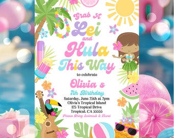 Editable Hawaiian Luau Birthday Invitation Pineapple Luau Pool Party Birthday Party Pineapple Hawaiian Birthday Luau Instant Download TR5