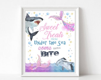 Sharks and Mermaids Sweet Treats Food Table Sign Mermaids and Sharks Sweet Treats Buffet Food Sign Sibling Birthday Come Take A Bite SH1