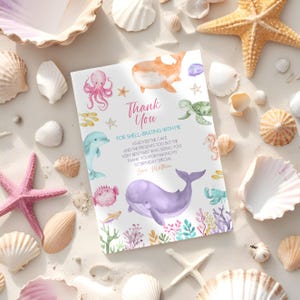 Girls Under the Sea Thank You Card Whale Turtle Shark Jellyfish Sea Life 1st Birthday Party Flat Thank You Note Card Instant Download OA2