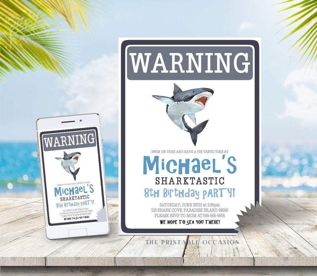 Shark Birthday Invitation Template Shark Invitations Shark Warning Sign