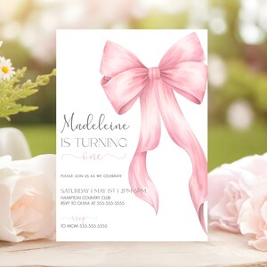 Editable Pink Bow 1st Birthday Invitation Girl First Birthday Template Printable Pink Coquette Bow Invitation 1st Birthday Girl Invite B4A