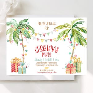Tropical Christmas Invitation Christmas In July Invitation Tropical Christmas Party Printable Holiday Invitation Palm Tree Beach Corjl TC1
