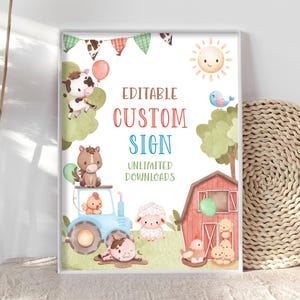 Editable Custom Sign Farm Animals Sign Boy Barnyard Birthday Green Tractor Cow Pig Sheep Table Sign Decor Digital Download Printable FA4