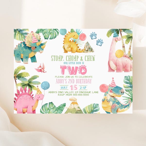 Convite de aniversário com dinossauro rosa, modelo editável, para menina, 2º aniversário, convite de dinossauro para imprimir, convite de aniversário de dinossauro, festa de dinossauro, Canva D3